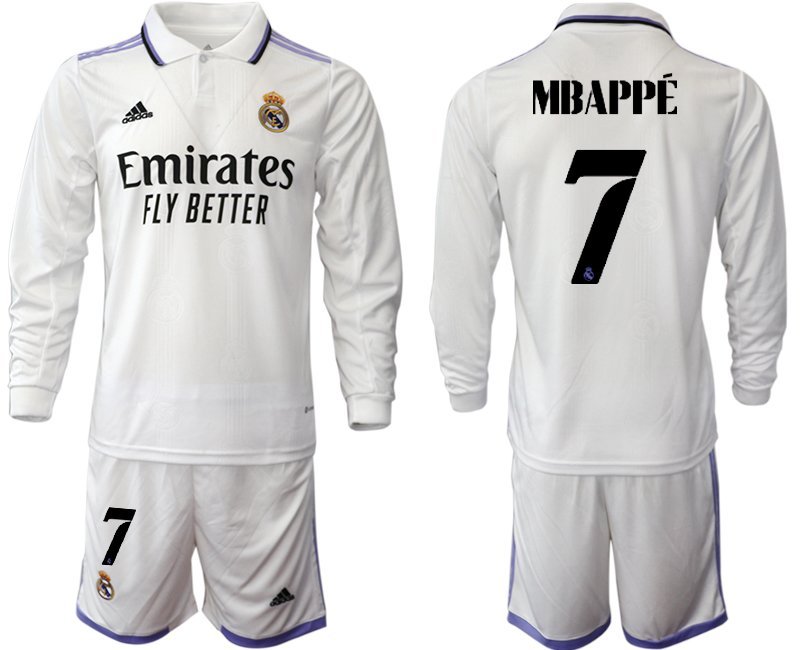 Herren Real Madrid Heimtrikot 2022-23 weiß Langarm mit Aufdruck Mbappé 7