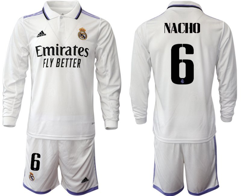 Herren Real Madrid Heimtrikot 2022-23 weiß Langarm mit Aufdruck Nacho 6