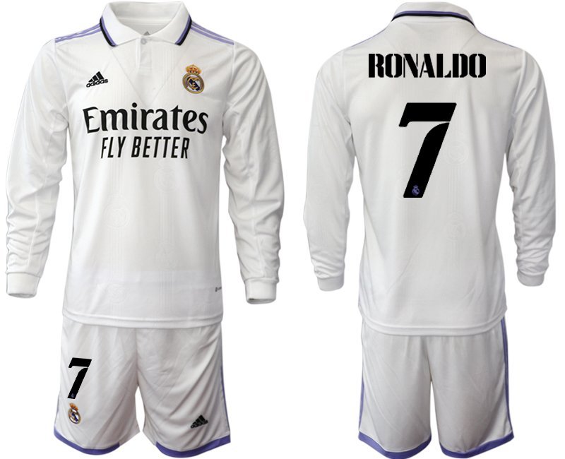 Herren Real Madrid Heimtrikot 2022-23 weiß Langarm mit Aufdruck Ronaldo 7