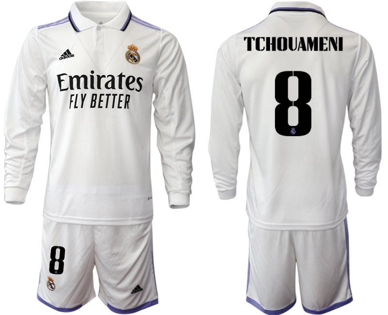 Herren Real Madrid Heimtrikot 2022-23 weiß Langarm mit Aufdruck Tchouaméni 8