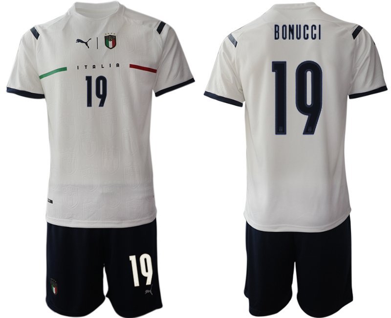 Italien Auswärtstrikot 2021 FIGC Trikotsatz weiß Kurzarm + Kurze Hosen Bonucci 19
