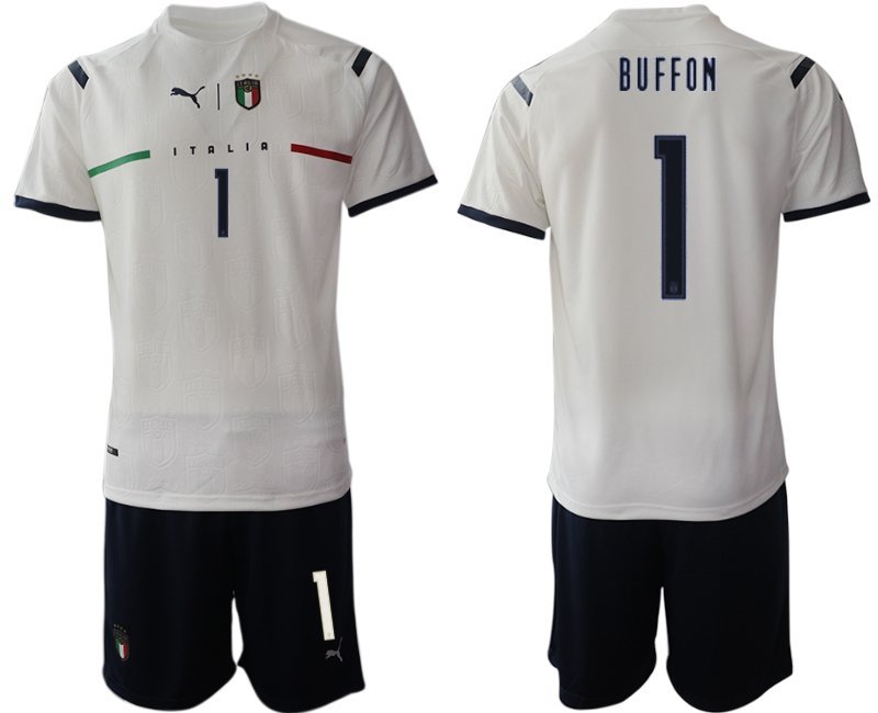 Italien Auswärtstrikot 2021 FIGC Trikotsatz weiß Kurzarm + Kurze Hosen Buffon 1
