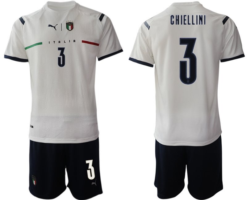 Italien Auswärtstrikot 2021 FIGC Trikotsatz weiß Kurzarm + Kurze Hosen Chiellini 3