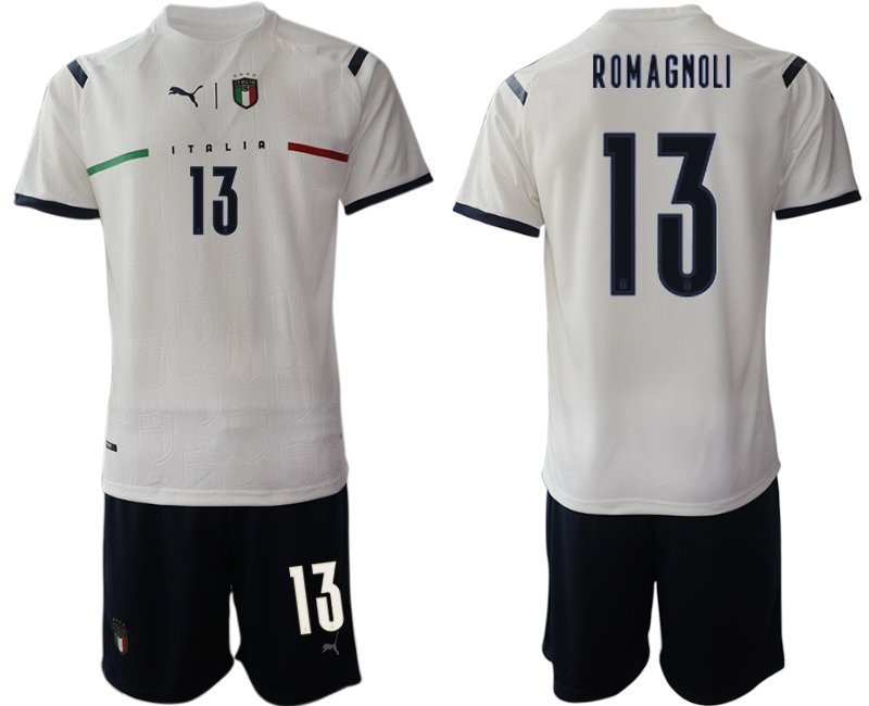 Italien Auswärtstrikot 2021 FIGC Trikotsatz weiß Kurzarm + Kurze Hosen Romagnoli 13
