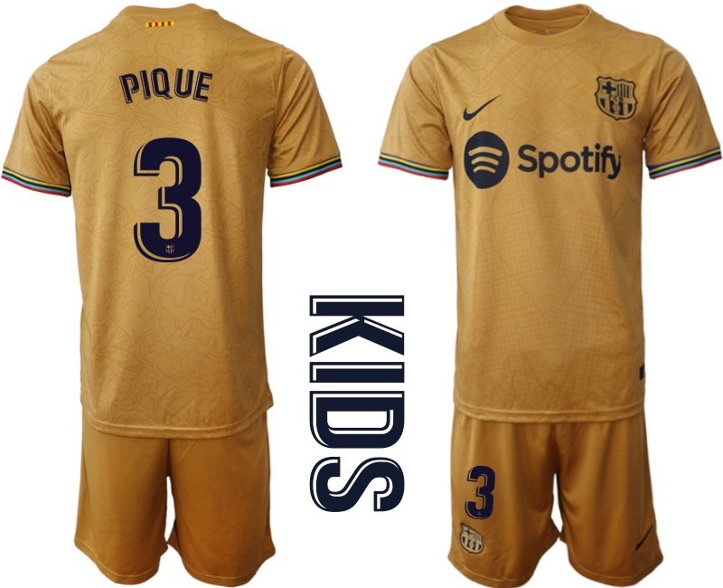 Kinder FC Barcelona 2022-23 Auswärtstrikot Goldene Fußballtrikot PIQUE 3