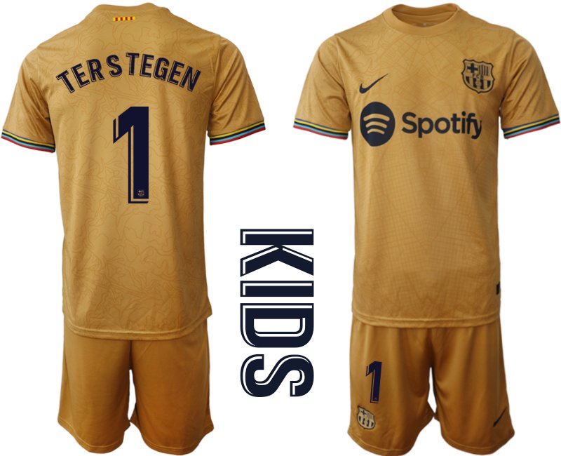 Kinder FC Barcelona 2022-23 Auswärtstrikot Goldene Fußballtrikot Ter Stegen 1