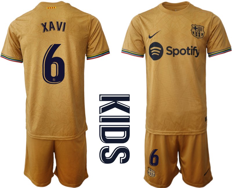 Kinder FC Barcelona 2022-23 Auswärtstrikot Goldene Fußballtrikot XAVI 6