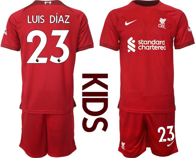 Kinder Fußball Trikot FC Liverpool 2022-23 Heimtrikot rot weiß mit Aufdruck Luis Díaz 23