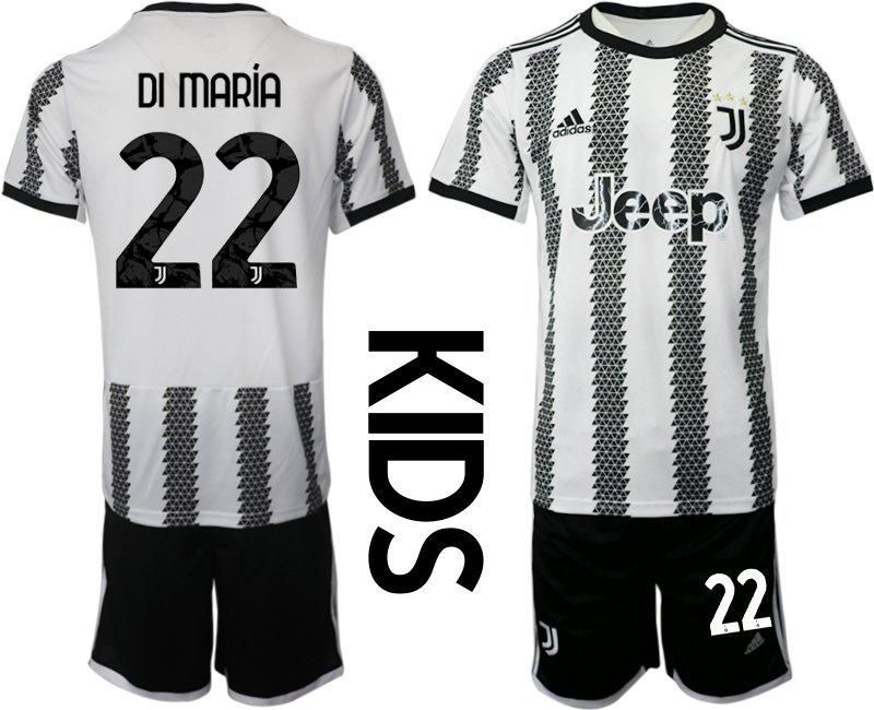 Kinder Juventus Turin Heimtrikot 2022-23 weiss schwarz Fußballtrikot Di María 22