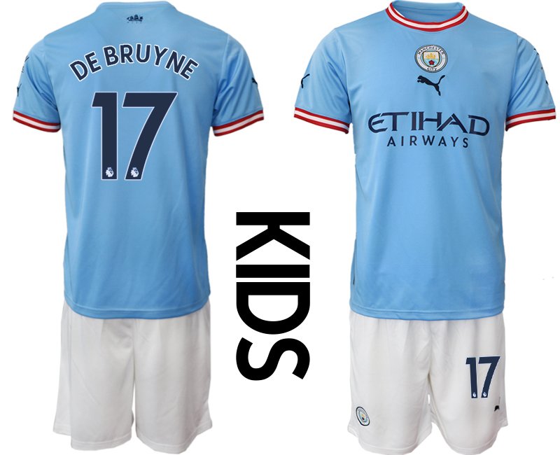 Kinder Manchester City 2022-23 Heimtrikot Blau Neuen Fussball-Trikots De Bruyne 17