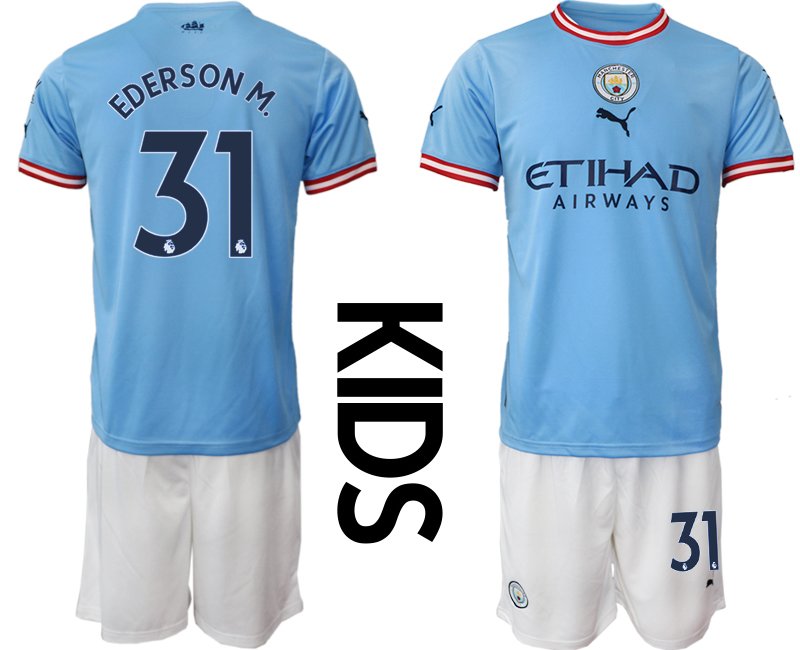 Kinder Manchester City 2022-23 Heimtrikot Blau Neuen Fussball-Trikots EDERSON M. 31