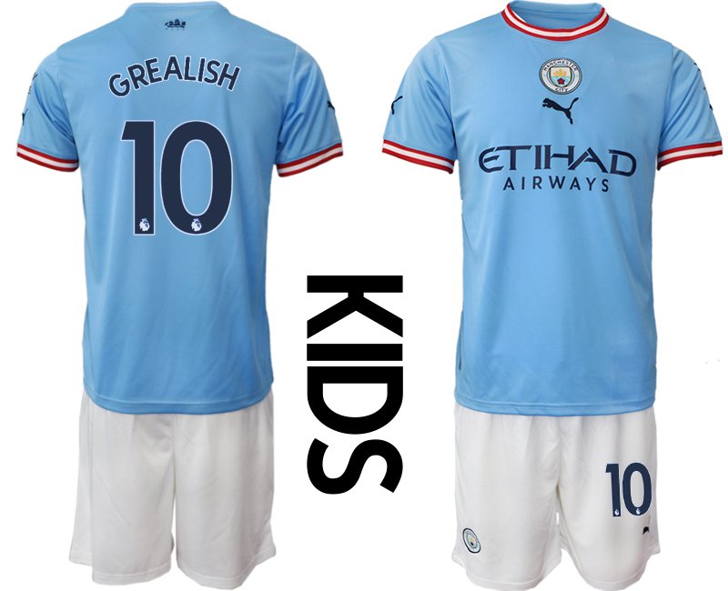 Kinder Manchester City 2022-23 Heimtrikot Blau Neuen Fussball-Trikots GREALISH 10