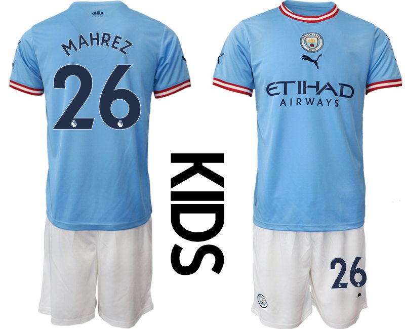 Kinder Manchester City 2022-23 Heimtrikot Blau Neuen Fussball-Trikots Mahrez 26