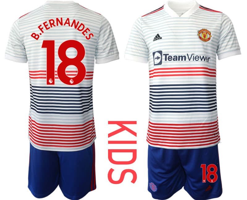 Kinder Manchester United Auswärtstrikot 2022-23 weiß Fußballtrikot B.Fernandes 18