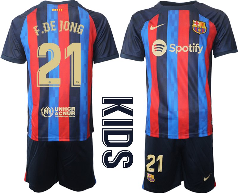 Kinder Neuen Trikots Set FC Barcelona 2022-23 Heimtrikot Dunkelblau - F.DE JONG 21