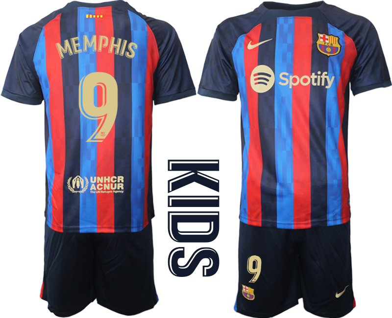 Kinder neuen Fußballtrikot FC Barcelona 2022-23 Heimtrikot Dunkelblau - MEMPHIS 9