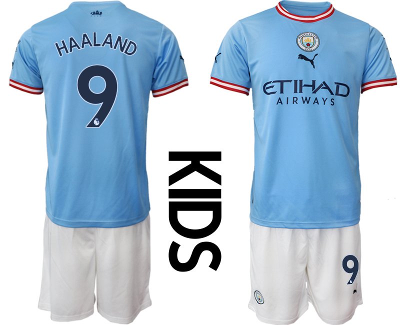 Manchester City Kinder Heimtrikot 2022-23 Blau Neuen Trikots mit Aufdruck Haaland 9