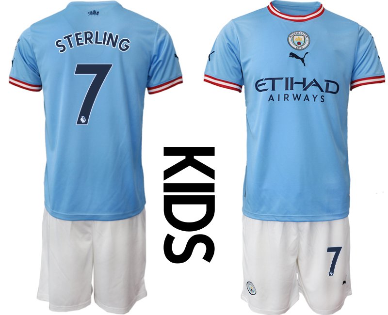 Manchester City Kinder Heimtrikot 2022-23 Blau Neuen Trikots mit Aufdruck Sterling 7