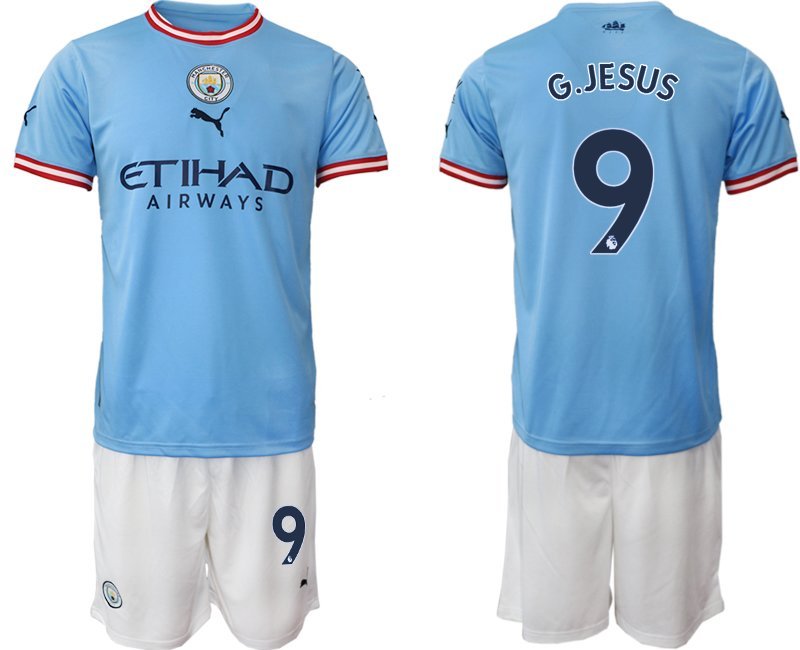 Manchester City Kinderheim Trikot 2022-23 Man City blau weiß Fußballtrikot G.Jesus 9