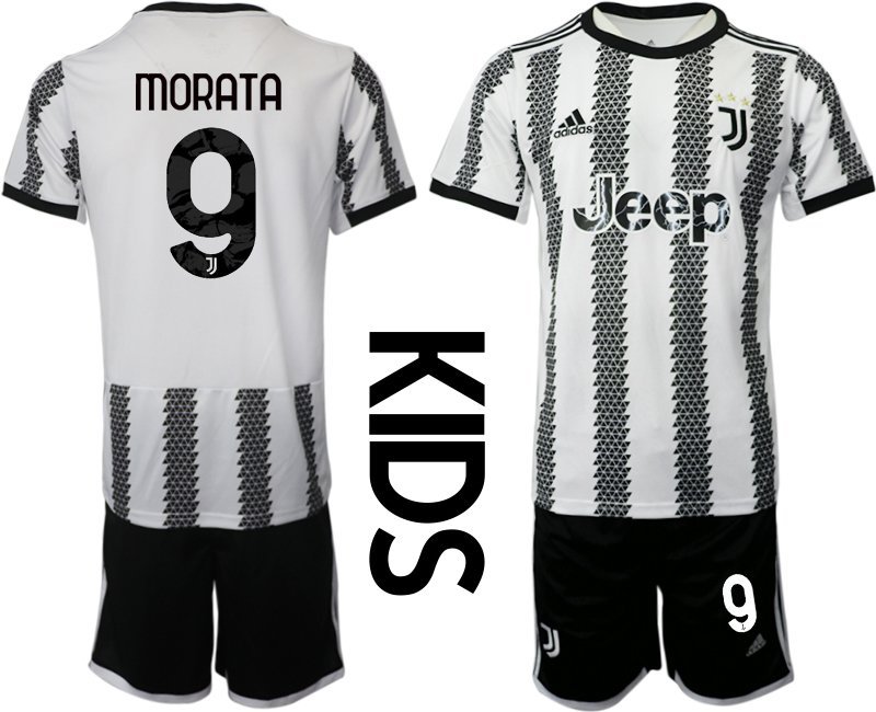 Morata 9 JSY Y Heimtrikot 2022-23 Juventus Turin weiss schwarz Fußballtrikot für Kinder