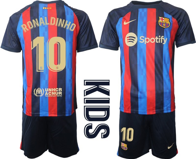 Neuen Fußballtrikot FC Barcelona 2022-23 Heimtrikot Dunkelblau Ronaldinho 10 - Kinder