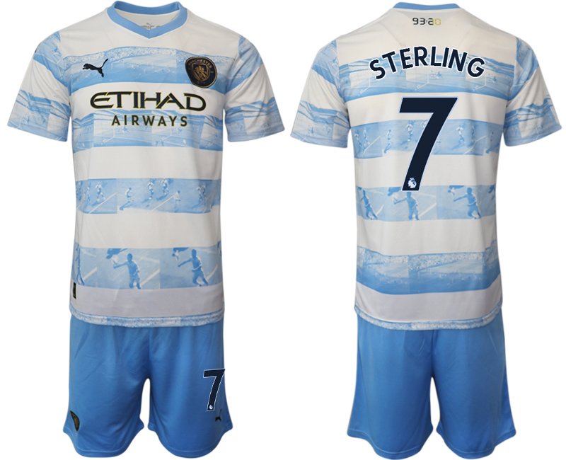 Sterling 7 Manchester City FC Trikot 93:20 Anniversary Trikotsatz Kurzarm Weiss Herren