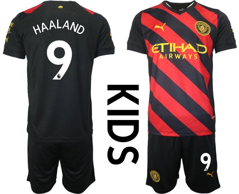Haaland 9 Manchester City Kinder Auswärtstrikot 2022-23 schwarz rot Fußballtrikots