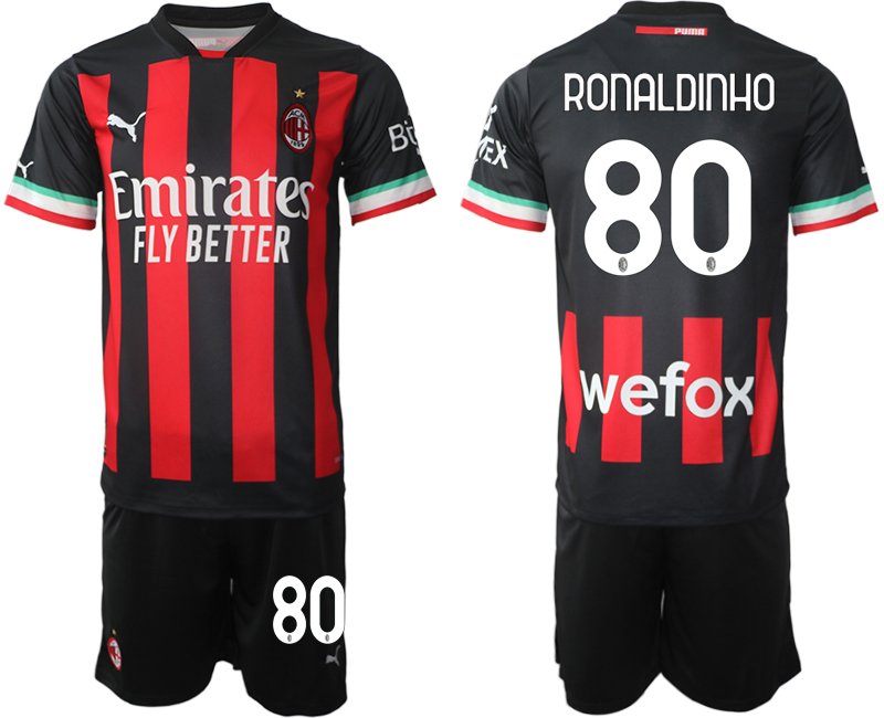 Herren Neues AC Mailand Heim-trikot 2022/23 schwarz rot - Ronaldinho 80
