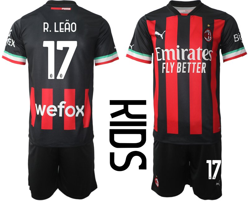 Kinder AC Milan Heimtrikot 2022-23 rot schwarz - R.Leão 17