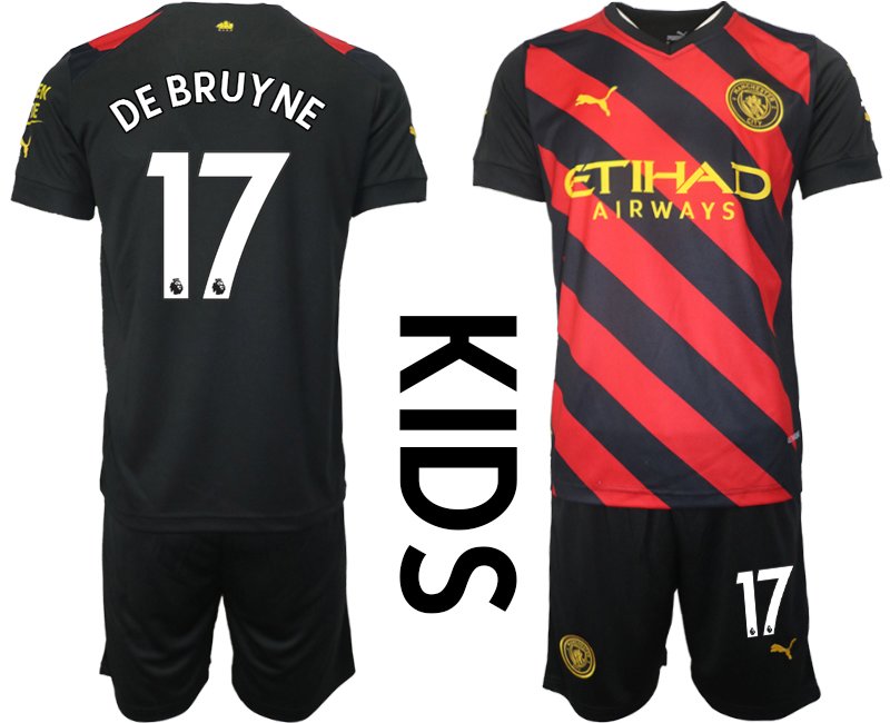 Kinder Fußballtrikots Manchester City 2022-23 Auswärtstrikot schwarz rot - De Bruyne 17
