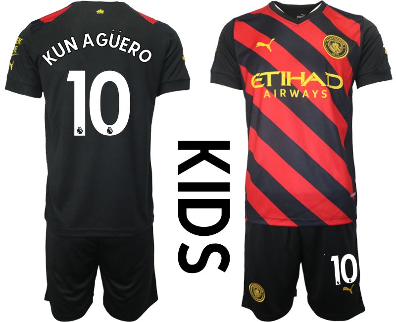 Kinder Fußballtrikots Manchester City 2022-23 Auswärtstrikot schwarz rot - Kun Agüero 10