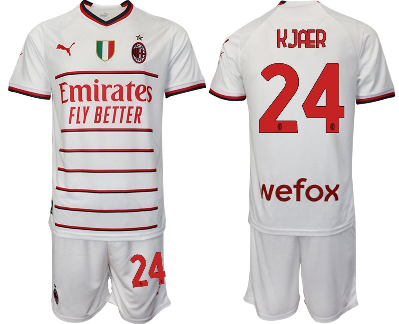 Kjaer 24 AC Milan Auswärtstrikot 2022-23 Weiss Rot Trikotsatz Kurzarm + Kurze Hosen Herren