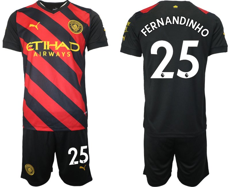 Fernandinho 25 Manchester City Auswärtstrikot 2022-23 rot schwarzen Fussballtrikots - Herren