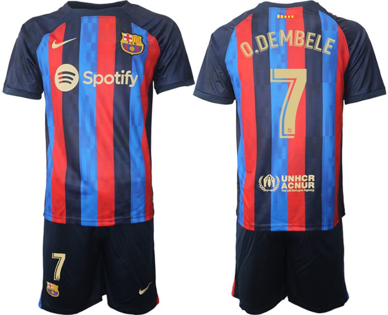 Herren FC Barcelona 2022-23 Heimtrikot dunkelblau goldene Fußballtrikot mit Aufdruck O.Dembele 7