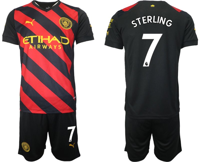 Herren Manchester City Auswärts-Trikot 2022-23 rot schwarzen mit Aufdruck Sterling 7