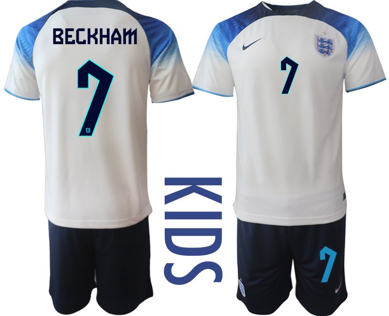 Kinder England Heimtrikot WM 2022 Trikotsatz Kurzarm + Kurze Hosen Beckham 7