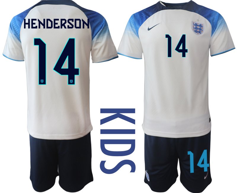 Kinder England Heimtrikot WM 2022 Trikotsatz Kurzarm + Kurze Hosen HENDERSON 14