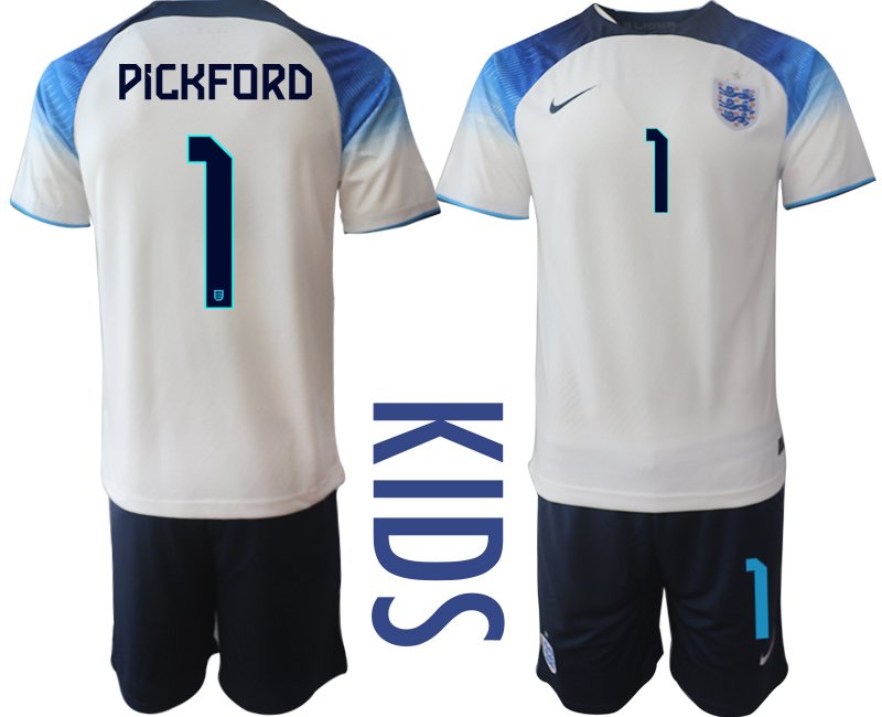 Kinder England Heimtrikot WM 2022 Trikotsatz Kurzarm + Kurze Hosen Pickford 1