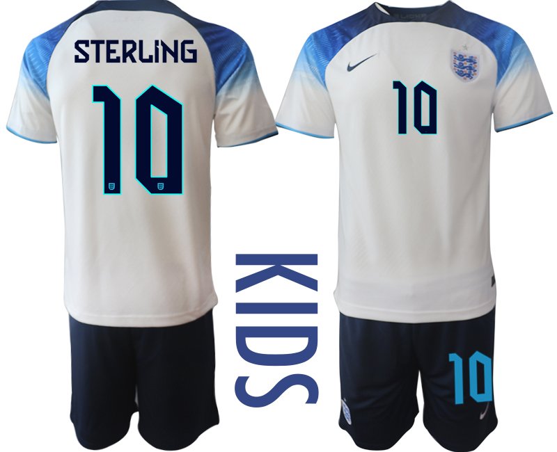 Kinder England Heimtrikot WM 2022 Trikotsatz Kurzarm + Kurze Hosen Sterling 10