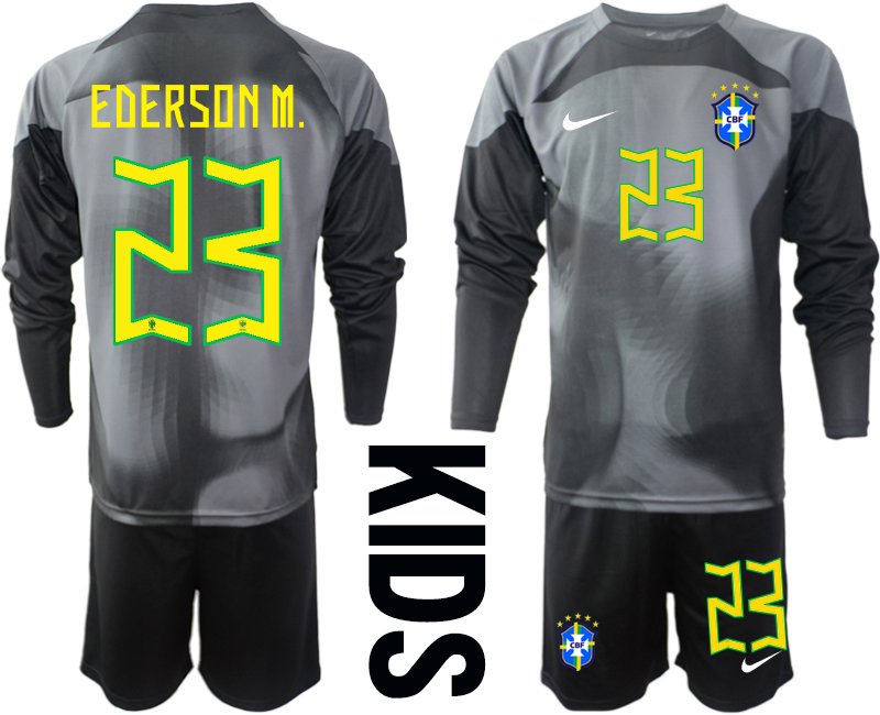 EDERSON M.23 Brasilien Torwarttrikot 2022-23 Trikotsatz Langarm schwarz grau - Kinder