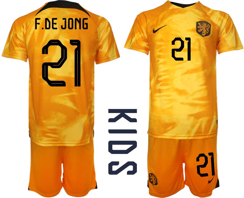 F.DE Jong 21 Niederlande Heimtrikot WM 2022 Fußballtrikot Orange - Kinder