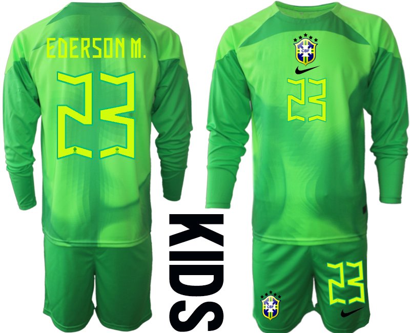 Kinder Brasilien 2022-23 Torwarttrikot grün Trikotsatz Langarm + Kurze Hosen EDERSON M.23