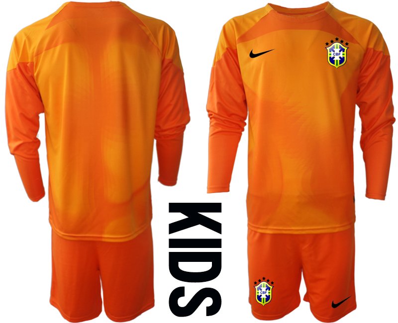 Kinder Brasilien Torwarttrikot 2022-23 Trikotsatz Langarm + Kurze Hosen Orange