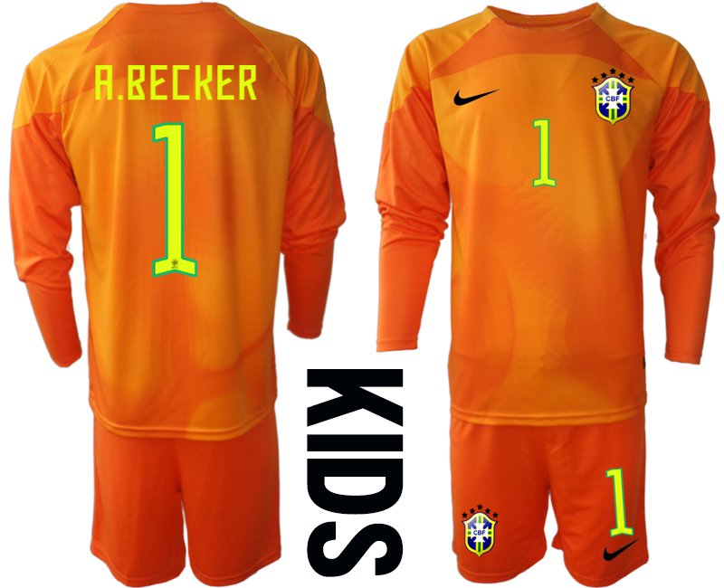 Kinder Brasilien Torwarttrikot 2022-23 Trikotsatz Langarm orange - A.BECKER 1