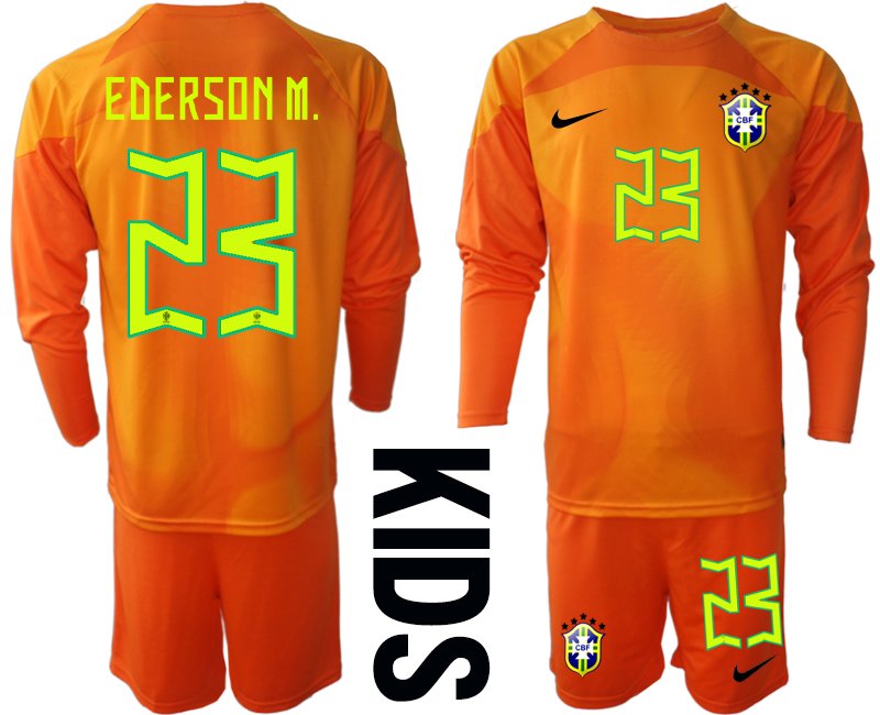Kinder Brasilien Torwarttrikot 2022-23 Trikotsatz Langarm orange - EDERSON M.23
