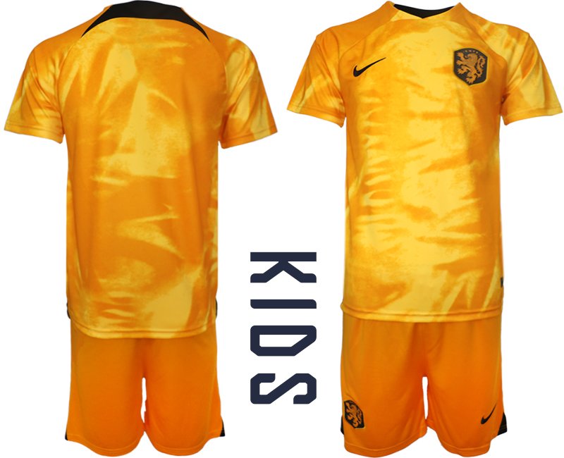 Kinder Niederlande Heimtrikot WM 2022 Trikotsatz Kurzarm + Kurze Hosen Orange