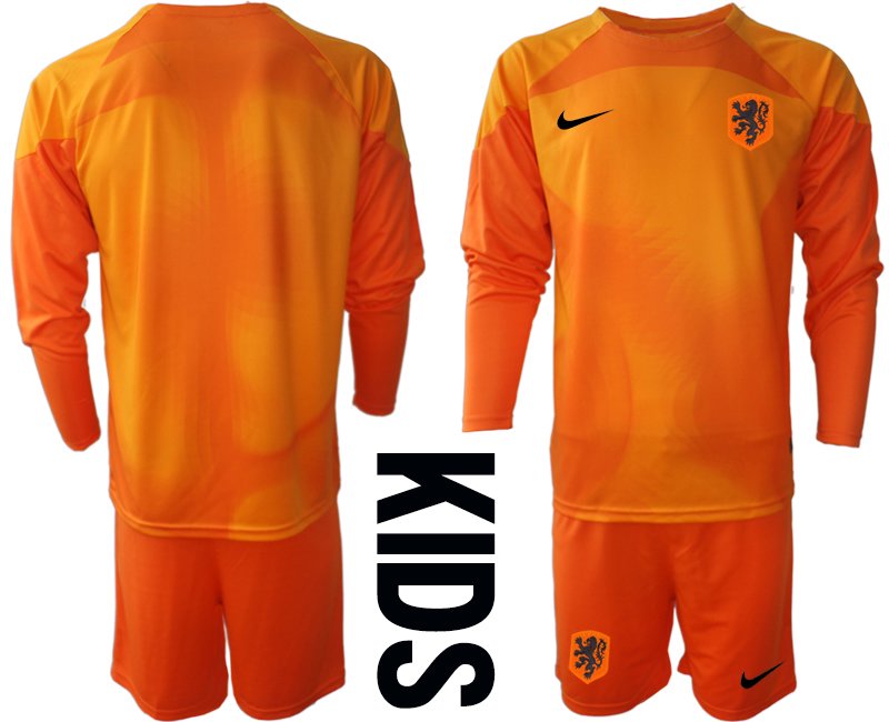 Kinder Niederlande Torwarttrikot 2022-23 Trikotsatz Langarm + Kurze Hosen orange