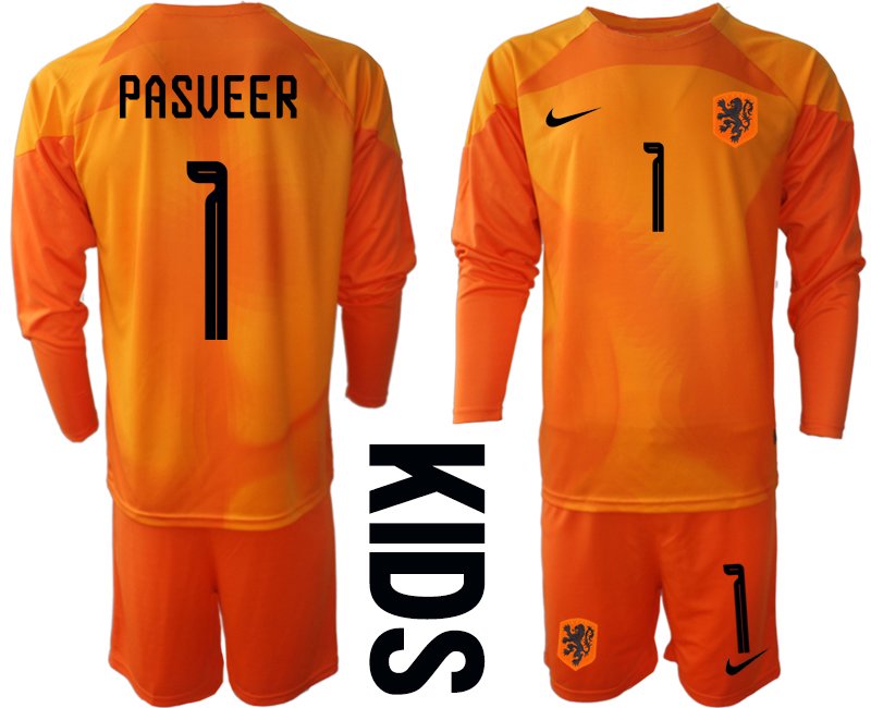 Pasveer 1 Niederlande Torwarttrikot 2022-23 Kinder Trikotsatz Langarm + Kurze Hosen orange
