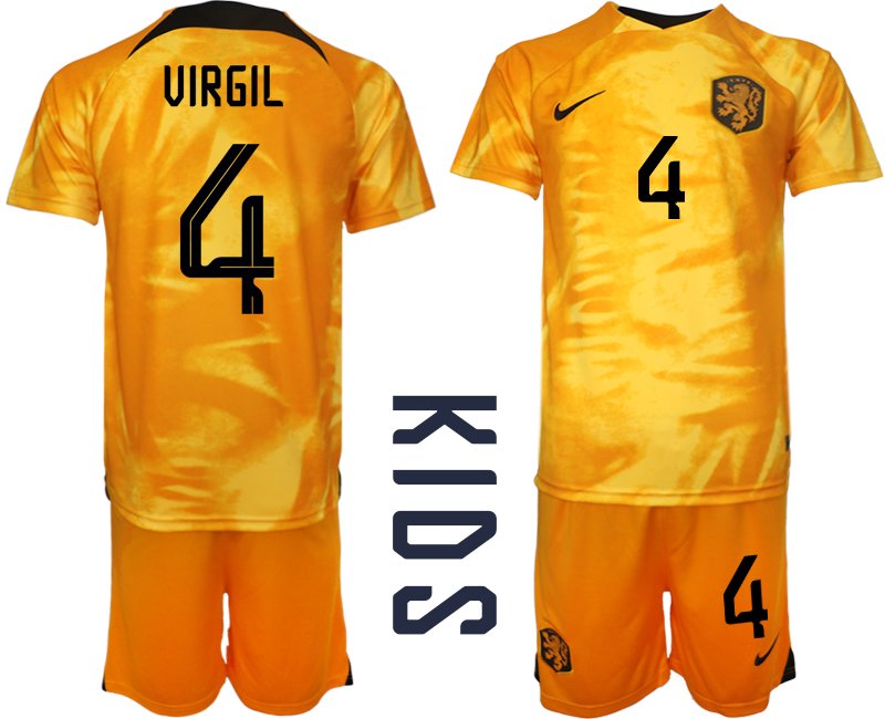 Virgil 4 Niederlande Heimtrikot WM 2022 Fußballtrikot Orange - Kinder