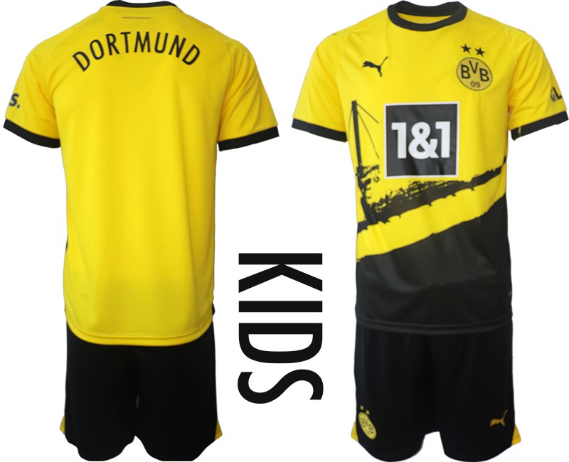 Kinder Borussia Dortmund Heimtrikots 2023/24 Kurzarm + Kurze Hosen